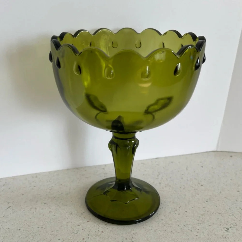 Vintage Pedestal Olive Green Indiana Glass Compote Candy Dish Bowl 7” X 5.5”